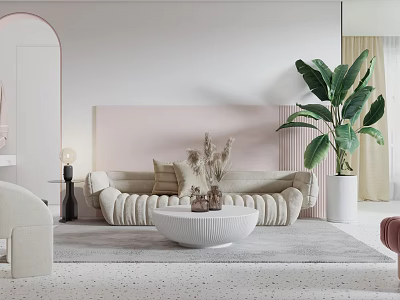 Modern Beige Sofa And Round Coffee Table Set With Dried Flowers And Large Green Plant 3d model