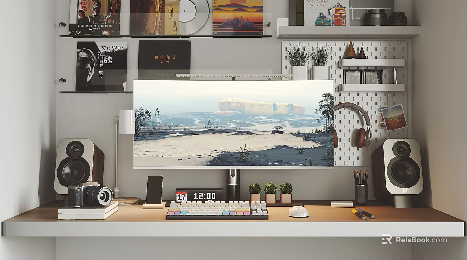 Modern Computer Workspace Setup With Monitor Keyboard Mouse And Desk Decor Accessories 3d model 