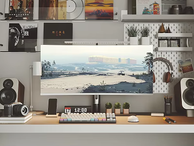 Modern Computer Workspace Setup With Monitor Keyboard Mouse And Desk Decor Accessories 3d model