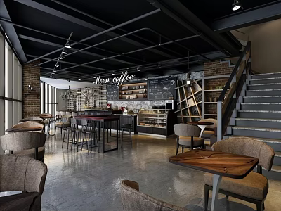 Modern Café Interior With Brick Wall Wooden Tables Bar Counter And Staircase 3d model