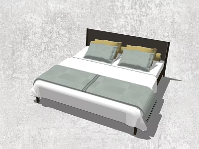 Modern Double Bed with Dark Headboard White Sheets Gray Yellow Pillows in Minimalist Design 3d model