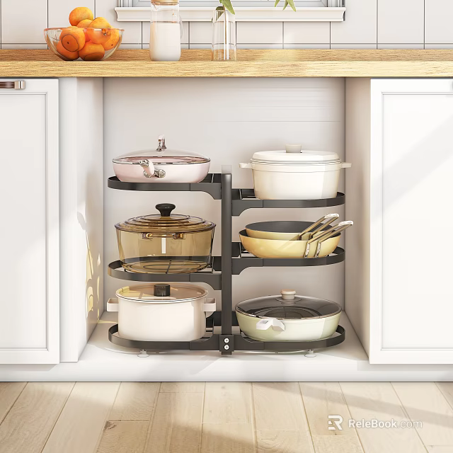 Kitchen Cabinet Shelf with Multiple Tiers Organizing Pots and Pans in White Cabinet 3d model 