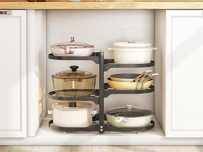 Kitchen Cabinet Shelf with Multiple Tiers Organizing Pots and Pans in White Cabinet 3d model