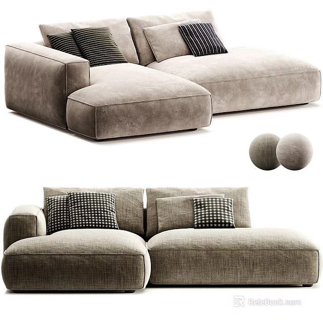 Modern Fabric L Shaped Sofa With Checkered Pillows And Soft Decorative Balls 3d model 