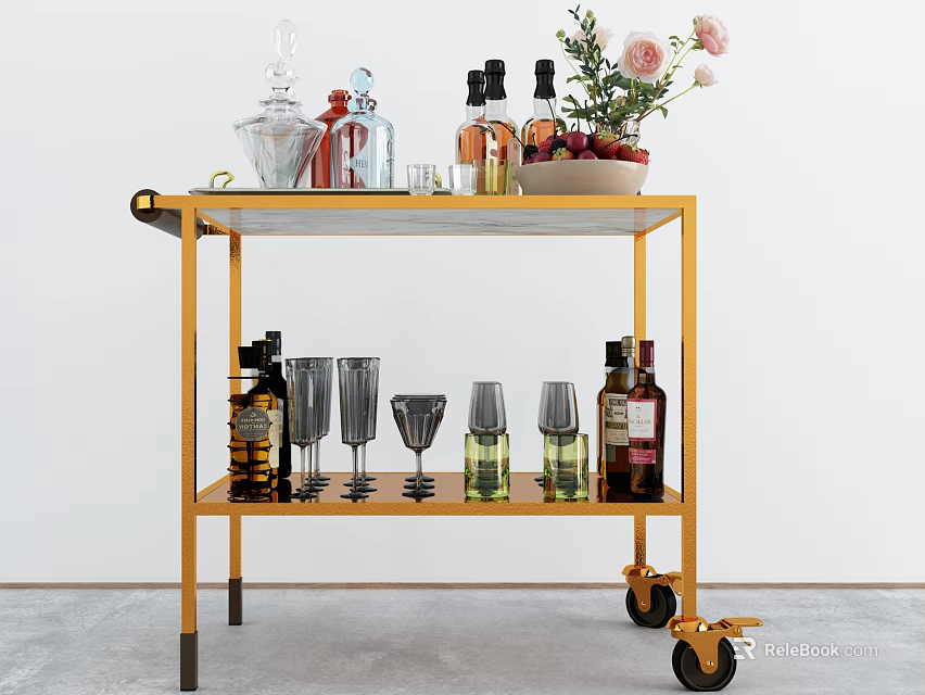 Golden Bar Cart With Glass Top Holding Bottles Glasses And Flower Vase 3d model 