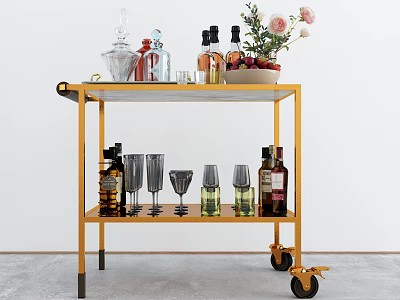 Golden Bar Cart With Glass Top Holding Bottles Glasses And Flower Vase 3d model