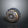 Biomorphic Robotic Sphere Character With Metallic Gear Surface Orange Accents And Antenna