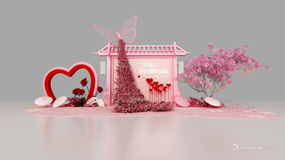 Pink Photo Spot With Butterfly Pavilion Heart Shaped Decor And Romantic Bloom Season 3d model 