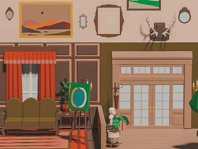 Cartoon Interior Scene with Decorative Frames Red Curtains Green Sofa Deer Head and Potted Plants 3d model