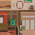 Cartoon Interior Scene with Decorative Frames Red Curtains Green Sofa Deer Head and Potted Plants