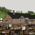 Wooden Cabin with Black Roof Chimney Surrounded by Trees Outdoor Deck with Tables and Chairs