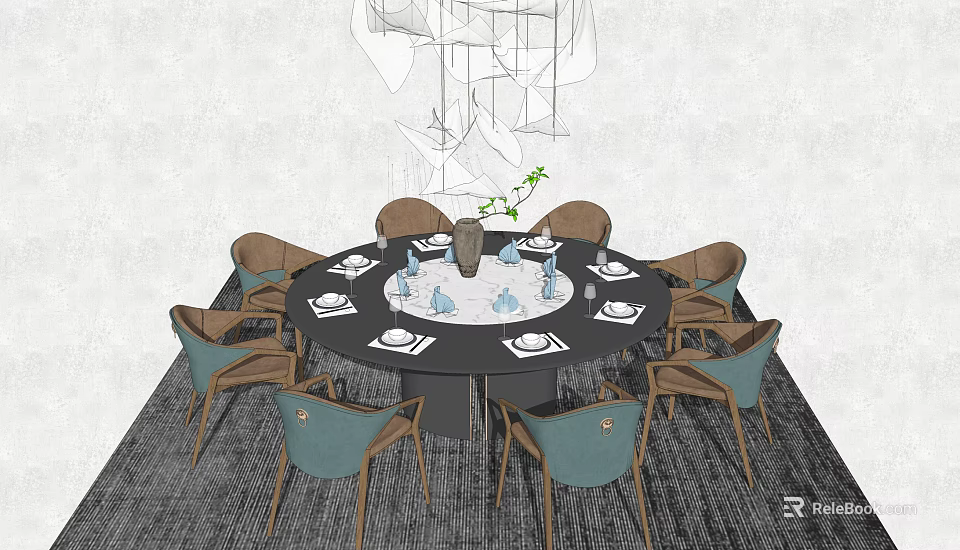 Modern Round Dining Table Set With Blue Brown Chairs Tableware Vase And Green Plant 3d model 