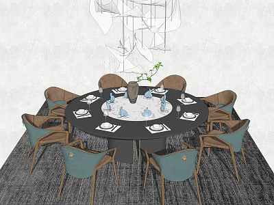 Modern Round Dining Table Set With Blue Brown Chairs Tableware Vase And Green Plant 3d model