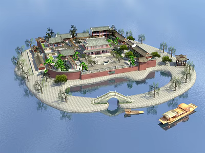 Ancient Architecture Complex on Island Surrounded by Water with Stone Bridge and Wooden Boats 3d model