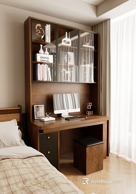 Classic Walnut Wooden Study Desk With Integrated Glass Door Bookshelf For Comfortable Home Working Space 3d model 