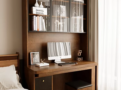 Classic Walnut Wooden Study Desk With Integrated Glass Door Bookshelf For Comfortable Home Working Space 3d model