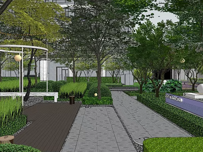 Serene Residential Landscape with Lush Trees Greenery Pathways and Pergola Design 3d model