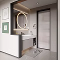 Modern Minimalist Bathroom Interior Design With Round Mirror White Vanity And Frosted Glass Shower