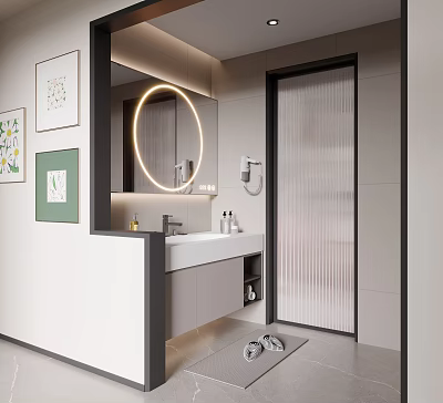 Modern Minimalist Bathroom Interior Design With Round Mirror White Vanity And Frosted Glass Shower 3d model