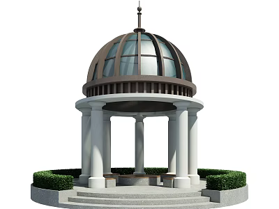Classical Gazebo Structure With Glass Dome White Columns And Trimmed Hedges 3d model
