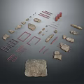 Various Shaped Stone Blocks Slabs And Red Metal Frames For Building Decor Components 3d model