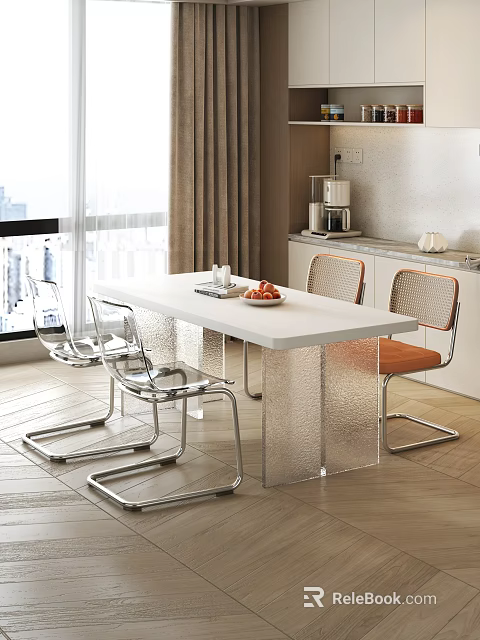Modern White Dining Table Set With Clear Acrylic Chairs Orange Cushion And Metal Frame 3d model 