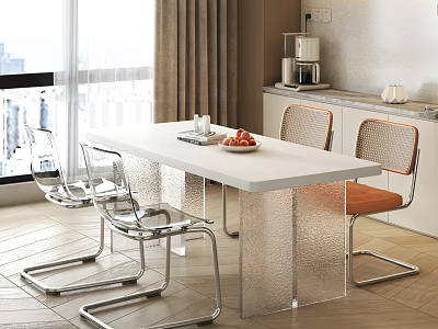 Modern White Dining Table Set With Clear Acrylic Chairs Orange Cushion And Metal Frame 3d model