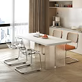 Modern White Dining Table Set With Clear Acrylic Chairs Orange Cushion And Metal Frame