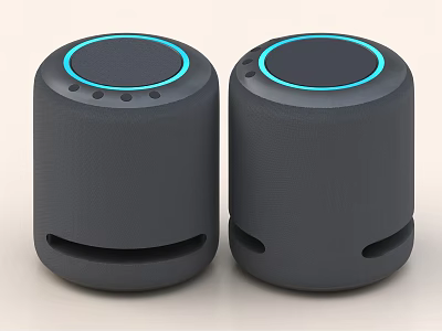 Two Gray Cylindrical Wireless Bluetooth Speakers With Blue Ring Lights Side Openings Portable Stereo Sound 3d model