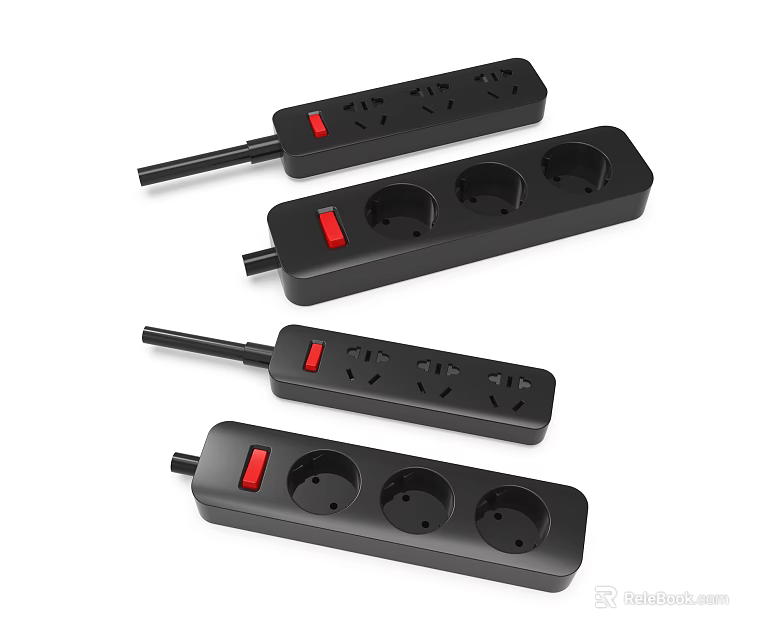 Black Power Strips With Red On Off Switches And Multiple Outlets 3d model 