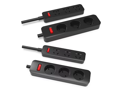 Black Power Strips With Red On Off Switches And Multiple Outlets 3d model