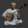 Man Wearing Traditional White Clothing Sitting On Blue Mat Playing Stringed Instrument Against Gray Background