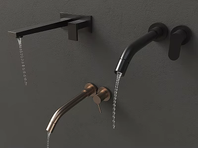 Modern Black and Copper Faucets Mounted on Gray Wall with Water Dripping 3d model