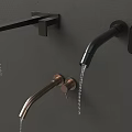 Modern Black and Copper Faucets Mounted on Gray Wall with Water Dripping