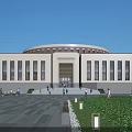 Modern Circular Office Building With Large Windows Main Entrance Plaza Greenery And Pedestrians