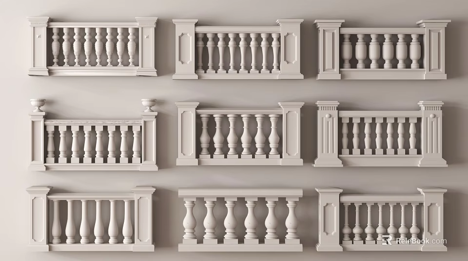 Traditional Decorative White Baluster Railing Designs With Ornate Posts And Columns 3d model 