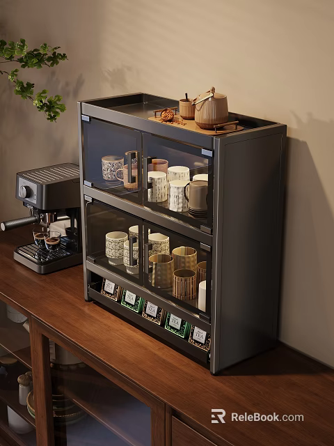 Modern Multi Tiered Kitchen Cabinet With Glass Doors Coffee Machine Mugs And Tea Bags 3d model 