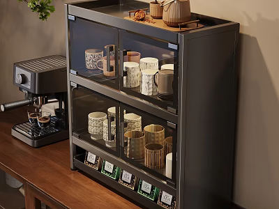 Modern Multi Tiered Kitchen Cabinet With Glass Doors Coffee Machine Mugs And Tea Bags 3d model