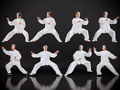 Men Practicing Tai Chi With Various Poses In White Clothing On Dark Background 3d model