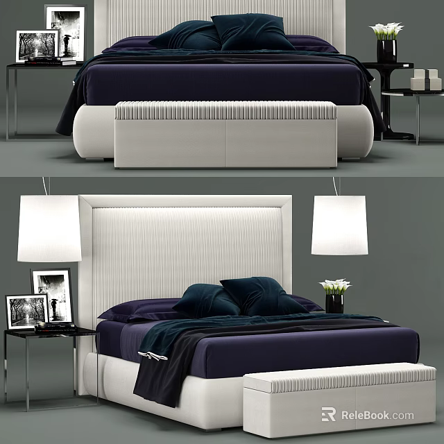 Luxurious Double Bed With White Upholstered Headboard Navy Bedding And Bed Bench 3d model