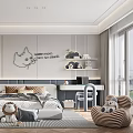 Cozy Kids Bedroom With Bed Pillows Stuffed Toys Cartoon Wall Art Bookshelves And Desk