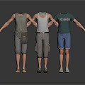 Three Mannequins Dressed In Casual Apparel With Tank Tops Shorts And Shoes