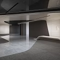 Modern Exhibition Hall with Spacious Interior Geometric Ceiling Blue Decor Wooden White Walls Sleek Flooring