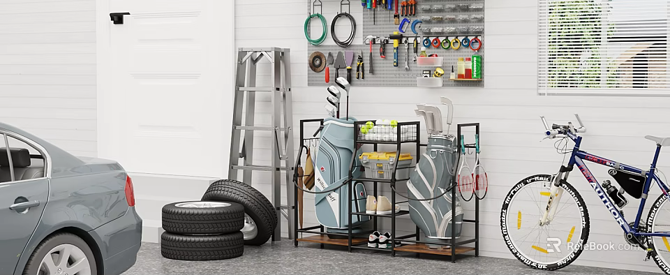 Metal Garage Storage Shelf With Tires Ladder Tools Tennis Rackets Hooks And Basket 3d model 