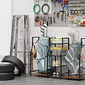 Metal Garage Storage Shelf With Tires Ladder Tools Tennis Rackets Hooks And Basket