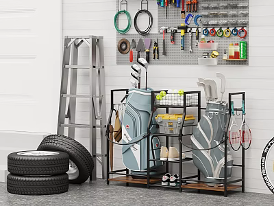 Metal Garage Storage Shelf With Tires Ladder Tools Tennis Rackets Hooks And Basket 3d model