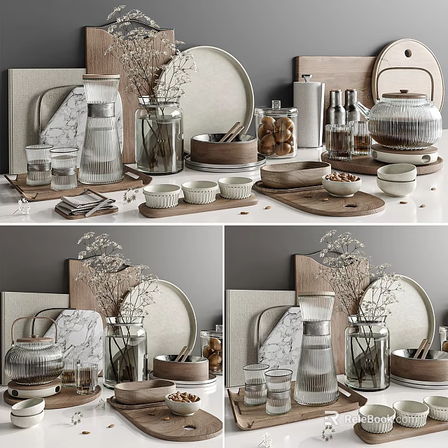 Minimalist Decorative Ornament Combination With Wooden Trays Marble Boards Glass Vases And Ceramic Bowls 3d model 