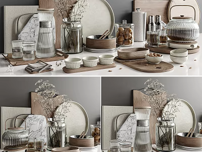 Minimalist Decorative Ornament Combination With Wooden Trays Marble Boards Glass Vases And Ceramic Bowls 3d model