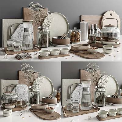 Minimalist Decorative Ornament Combination With Wooden Trays Marble Boards Glass Vases And Ceramic Bowls 3d model