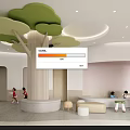 Kindergarten Indoor Space With Large Tree Shaped Structure Green Leaves And Children Playing